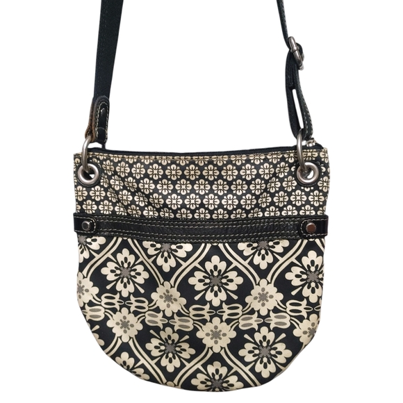 Fossil Black Beige Boho Graphic Canvas Leather Crossbody Bag Handbag Purse - Picture 5 of 10